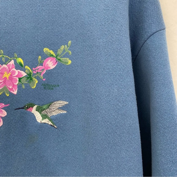 Artisans Women’s L Vintage Blue Pink Hummingbird Crewneck Sweater Pullover - Picture 5 of 6
